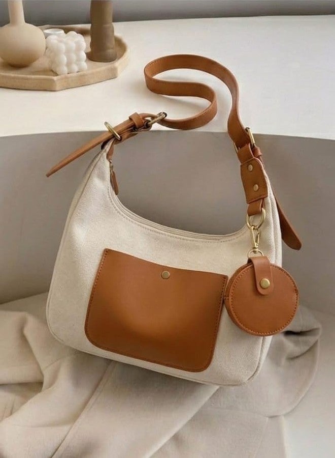 HaveGlam Women Canvas Shoulder Bag with PU Leather Patchwork | Stylish Hobo Sling Bag for Ladies | Trendy Handbag with Mini Coin Pouch | Casual Tote Purse for Daily Use (White) - Image 3