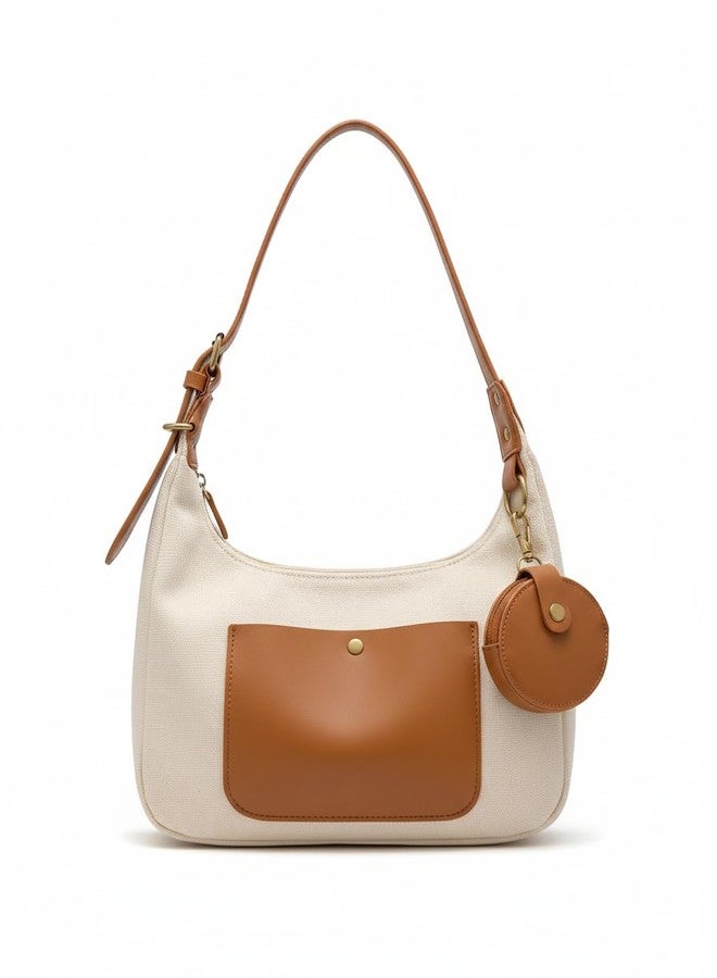 HaveGlam Women Canvas Shoulder Bag with PU Leather Patchwork | Stylish Hobo Sling Bag for Ladies | Trendy Handbag with Mini Coin Pouch | Casual Tote Purse for Daily Use (White) - Image 1