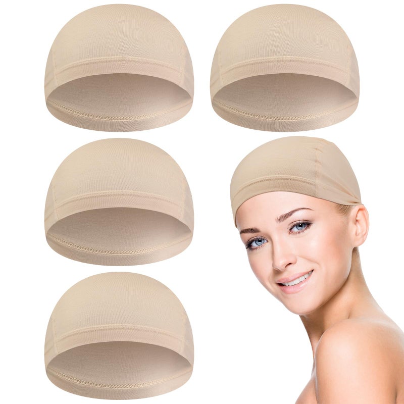 Janmercy 4 Pcs Beige Wig Caps for Women Bamboo Fiber Stretchy Bald Cap Under Wigs Chemotherapy Cap for Sleeping Hair Loss Patient (L) - Image 1