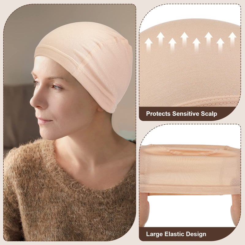 Janmercy 4 Pcs Beige Wig Caps for Women Bamboo Fiber Stretchy Bald Cap Under Wigs Chemotherapy Cap for Sleeping Hair Loss Patient (L) - Image 2