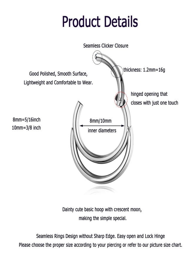 Lantine 8mm Septum Ring Helix Daith Rook Piercing jewelry 316L Surgical SteelHinged Crescent Moon Tragus Cartilage Hoop Earring 16g - Image 3