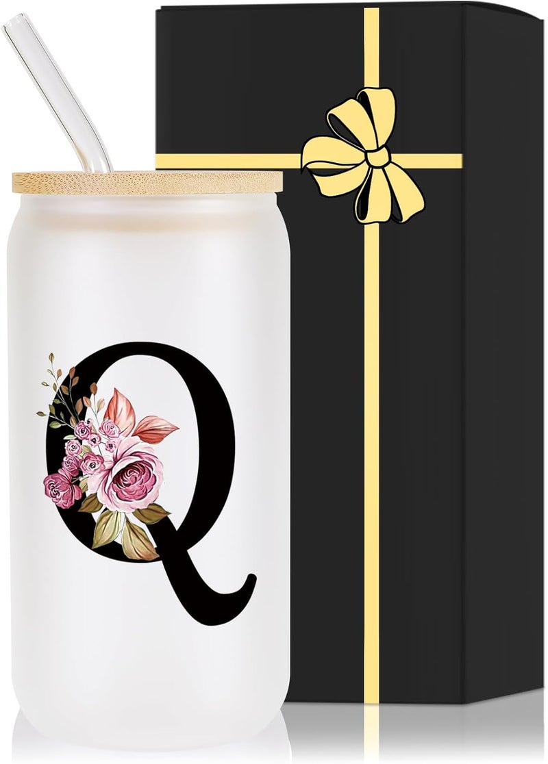 Wulcea Monogrammed Glass Drinking Cup With Lid Straw New Mom Dad after Birth First Time Mama Parents Announcement Nurse Newborn Pregnancy Wife Maternity Expecting Gender Neutral Cool Funny Present Gifts,Q - Image 1