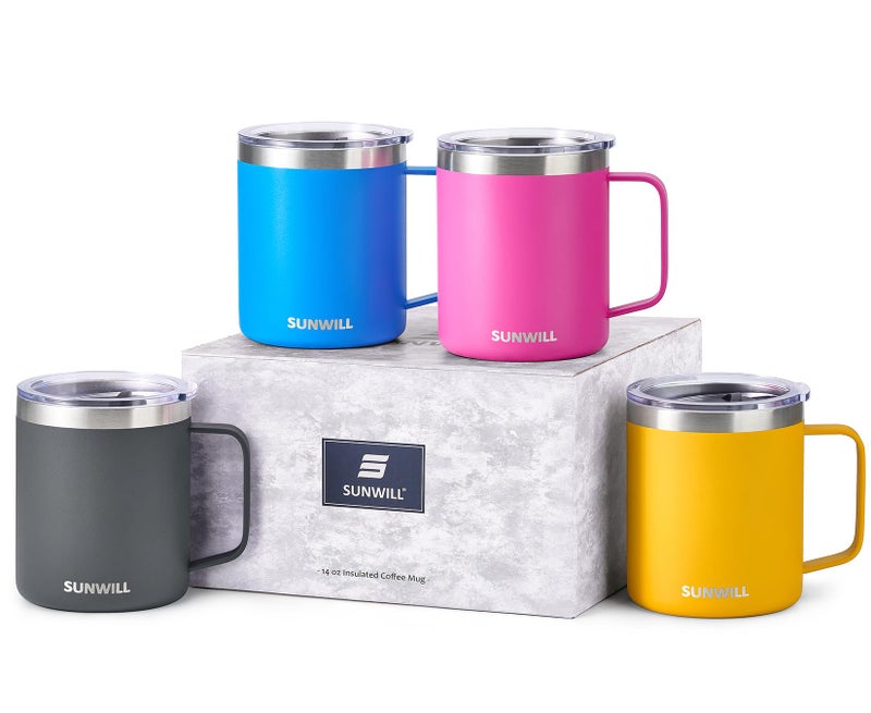 SUNWILL SUNWILL Coffee Mugs Set of 4  Insulated Coffee Mug with Lid  14 oz Stainless Steel Tumbler Cup Bulk for Gift  Camping  Travel  Powder Coated Charcoal  Royal Blue  Magenta  Yellow  - Image 1