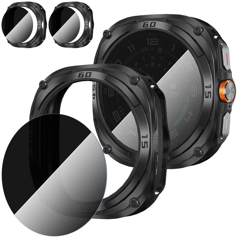 Suoman 2+2 Pack for Samsung Galaxy Watch 7/8 Ultra 47mm (2024/2025) Case,Privacy Tempered Glass Screen Protector, All-Round TPU Protective Cover Bumper-Black+Black - Image 1