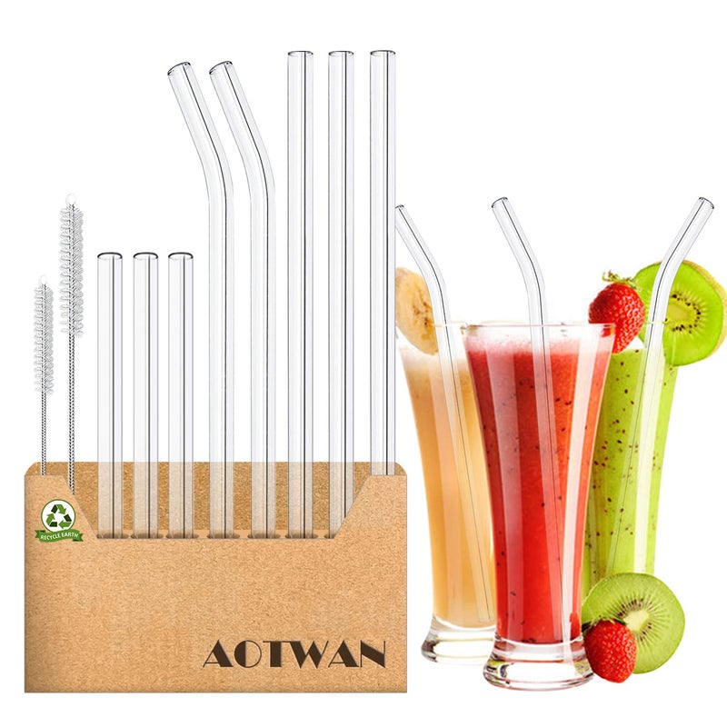 AOTWAN 10 Pack Reusable Glass Straws Size 85x10MM 85x8MM and 6x10MM Shatter Resistant Includes 6 Straight and 2 Bent with 2 Brushes Perfect for Cocktails
