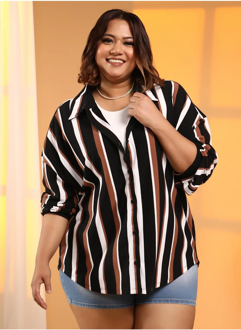 Instafab Plus Women's Midnight Black & Mocha Brown Striped Boxy Shirt