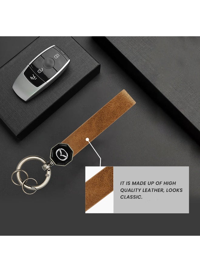 مازدا سلسلة مفاتيح مازدا الجلدية مع دوران 360 درجة، حزام جلدي بني ناعم فاخر، حلقة مفاتيح معدنية للسيارة والدراجة والمنزل، تثبيت برغي مزدوج، حلقة زنبركية محمولة، حامل مفاتيح أنيق ومتين هدية للرجال، 12.5 × 1.5 سم - Image 4