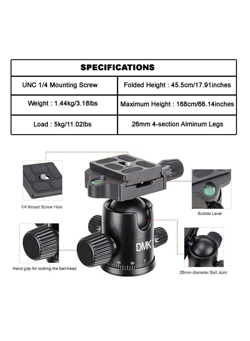 DMK Power T264 Tripod 68.9inch 175cm 2in1 Tripod and Monopod Lightweight Portable Tripod for SLR DSLR Cameras with tripod bag Load up to 5Kg  - Image 2