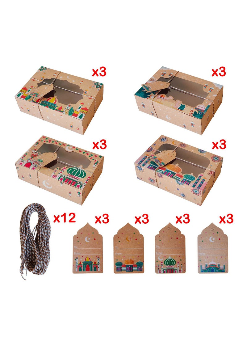 12 Sets of Ramadan Candy Boxes Eid Mubarak Kraft Paper Gift Packing Bag With Rope and Tag - Image 1