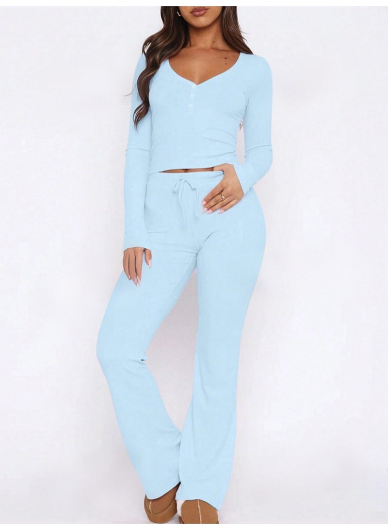 NIBEMINENT Women's Long Sleeve T-shirt And Elastic Waist Pants Two Pieces Set  Premium Solid Color Casual Daily Slim Fit Fashion Sets - Image 3