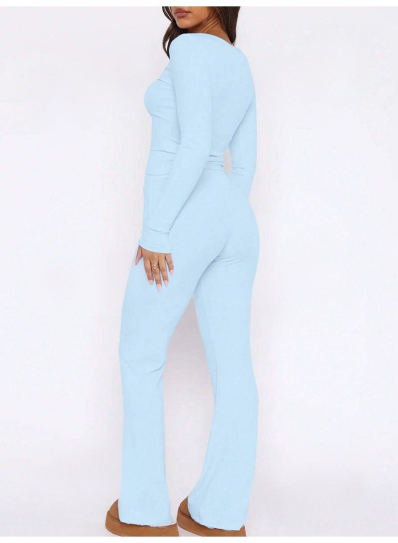 NIBEMINENT Women's Long Sleeve T-shirt And Elastic Waist Pants Two Pieces Set  Premium Solid Color Casual Daily Slim Fit Fashion Sets - Image 2