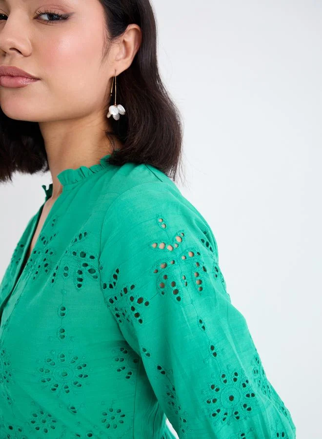 Styli Styli Women Green Schiffli Puff Sleeves Tiered Midi Dress