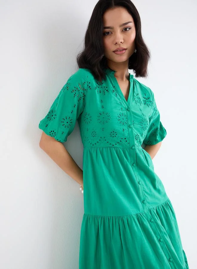 Styli Styli Women Green Schiffli Puff Sleeves Tiered Midi Dress