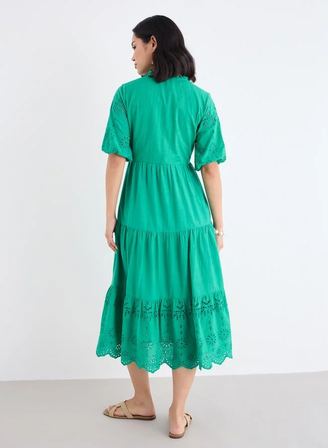 Styli Styli Women Green Schiffli Puff Sleeves Tiered Midi Dress