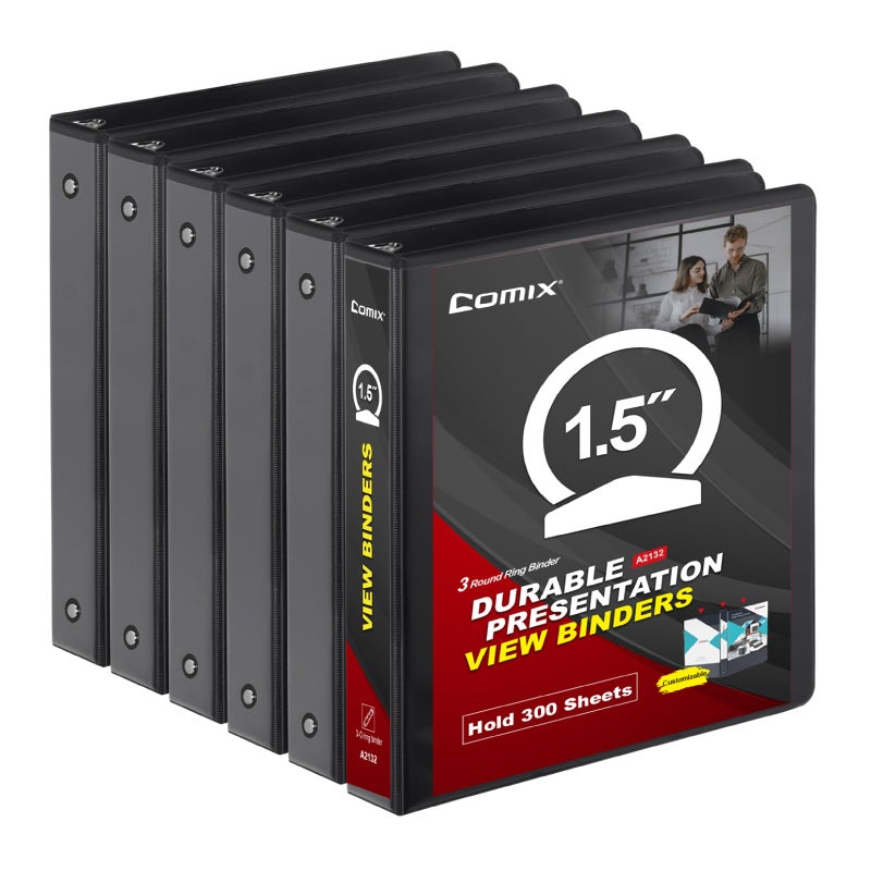 COMIX Sturdy 3 Ring Binder 15 inch with Clear View Cover 112 Round Ring View Binder PVCFree 300 Sheets Capacity of US Letter Size Paper Office School Supplies 6 Pack Black