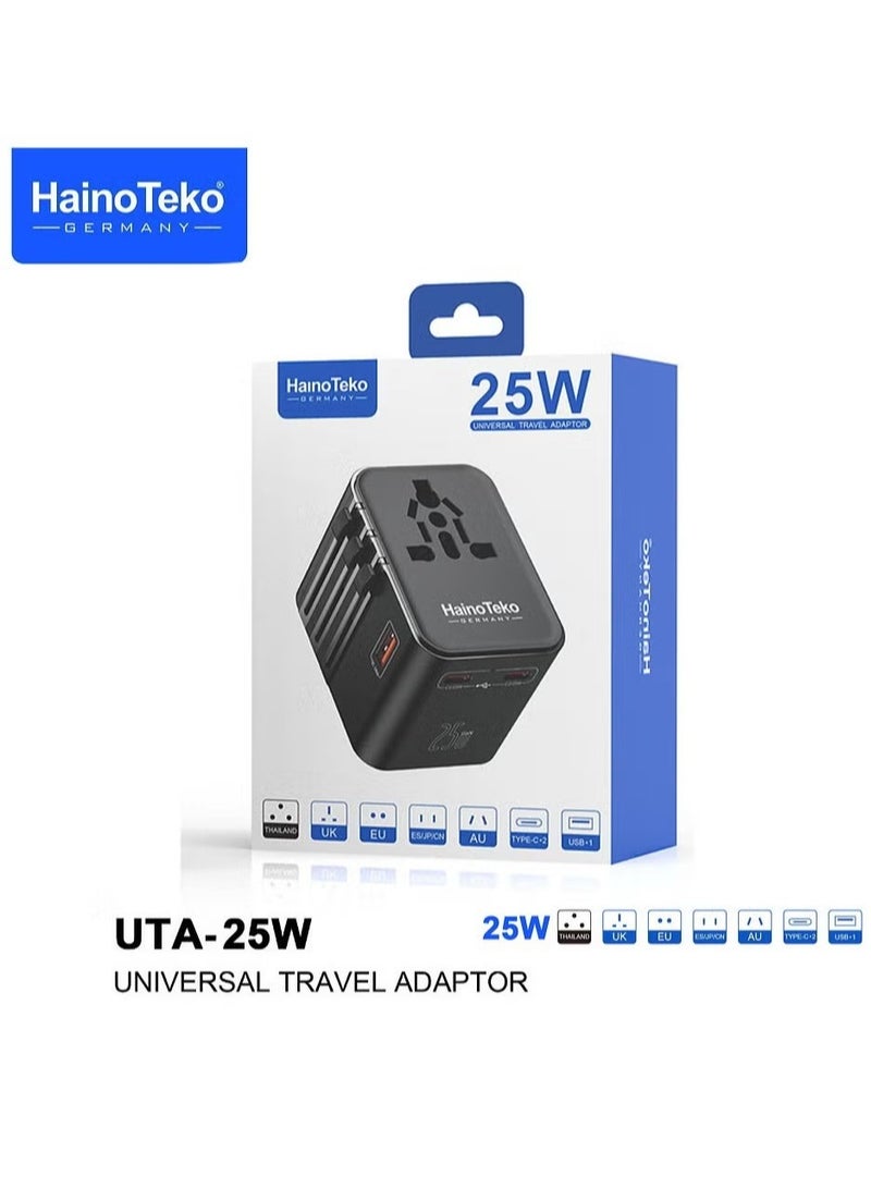Haino Teko UTA-25W Universal Travel Adapter, 25W Fast Charging with Multi-Region Compatibility, Multiple Output Options (USB-A, USB-C), Compact & Portable – Black - Image 5