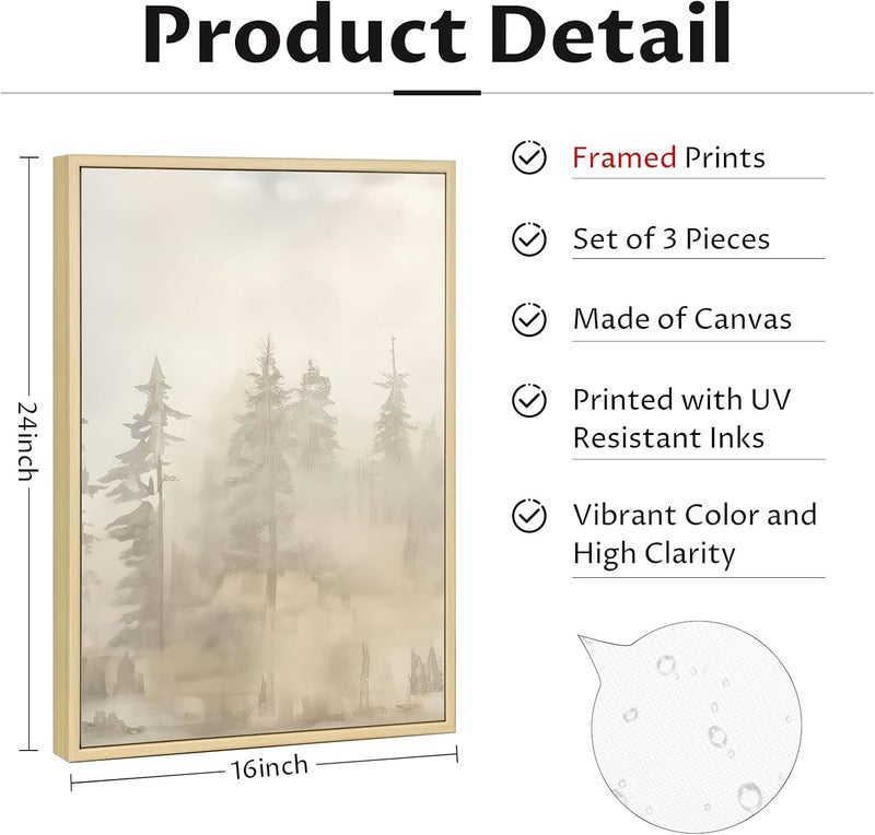 Youillne Foggy Forest Wall Art Decor - Set of 3 Framed Prints - Image 2