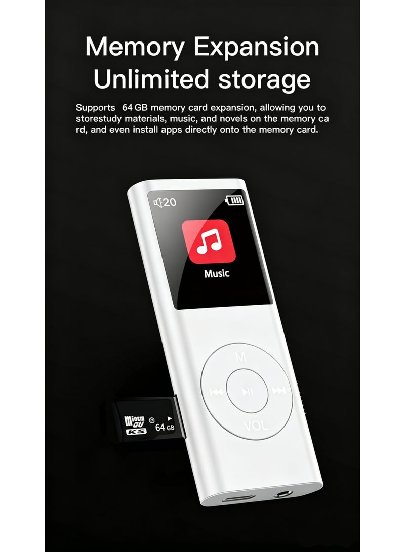 SANMUDII This Bluetooth MP3 player features 64GB of storage, a smart operating system, a vibrant user interface, and an IPS HD display. It includes a built-in speaker and supports FM radio, voice recording, and e-book reading. Designed specifically for sports and running, this portable media player makes an excellent gift for classmates, friends, family, or students—perfect for the holidays (White) - Image 2
