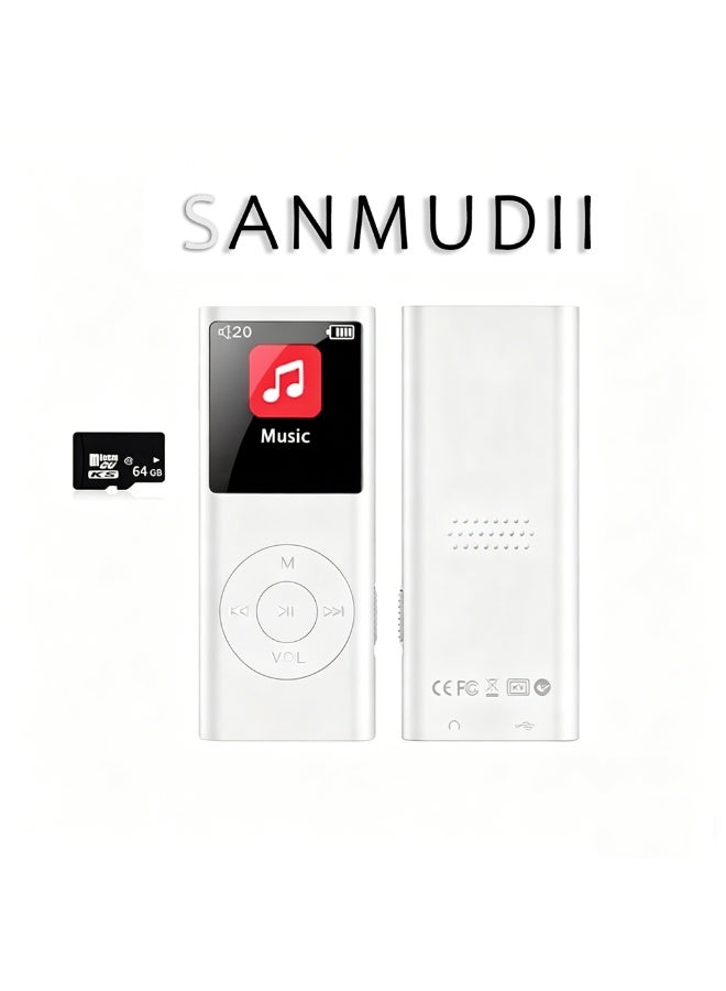 SANMUDII This Bluetooth MP3 player features 64GB of storage, a smart operating system, a vibrant user interface, and an IPS HD display. It includes a built-in speaker and supports FM radio, voice recording, and e-book reading. Designed specifically for sports and running, this portable media player makes an excellent gift for classmates, friends, family, or students—perfect for the holidays (White) - Image 1