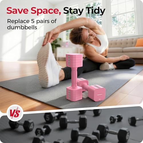 FEIERDUN 5-in-1 Adjustable Dumbbell Set of 2, 12LBS/6LBS Hand Weights for Women, 1s-Adjust Dual-Stable Dumbbell Set for Women Home Gym & Outdoor, Pink - Image 5