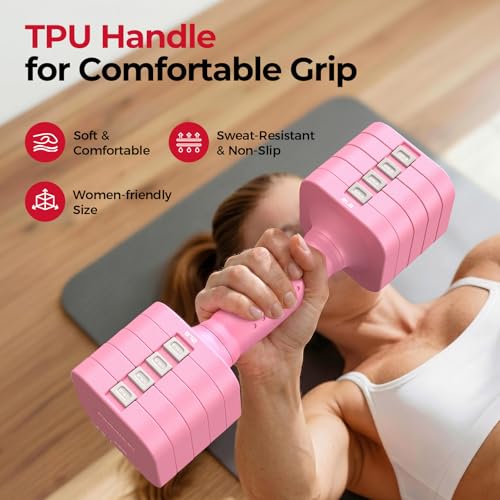 FEIERDUN 5-in-1 Adjustable Dumbbell Set of 2, 12LBS/6LBS Hand Weights for Women, 1s-Adjust Dual-Stable Dumbbell Set for Women Home Gym & Outdoor, Pink - Image 4