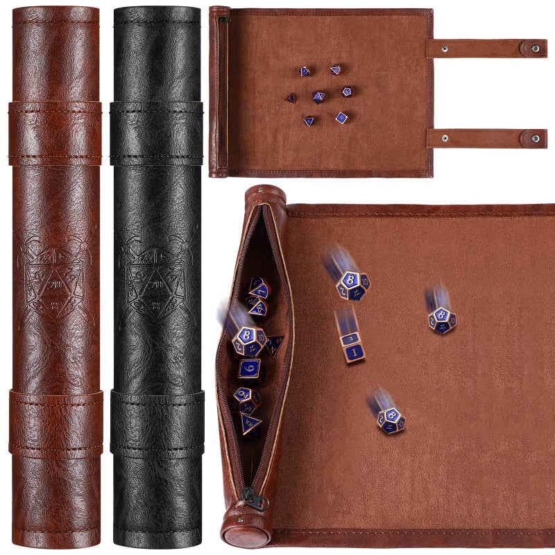 Civaner Dice Mat Tray Rolling Mat with Zipper PU Leather Folding Scroll Dice Bag Holder Table Christmas Game AccessoriesBrown Black2 Pieces - Image 2