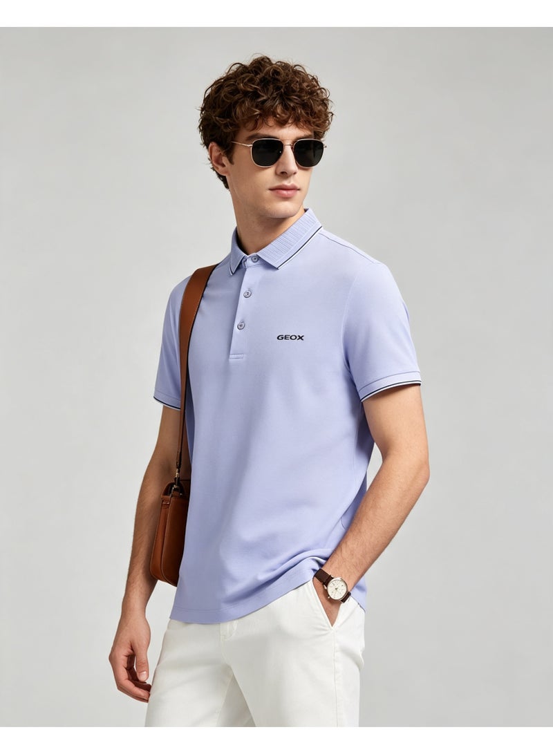 GEOX Men Classic Striped Collar Short Sleeve Polo Shirt Daily Business Casual Wear Lavender Purple - Image 2