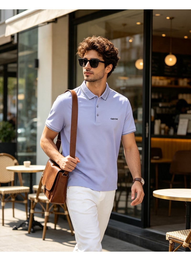 GEOX Men Classic Striped Collar Short Sleeve Polo Shirt Daily Business Casual Wear Lavender Purple - Image 4