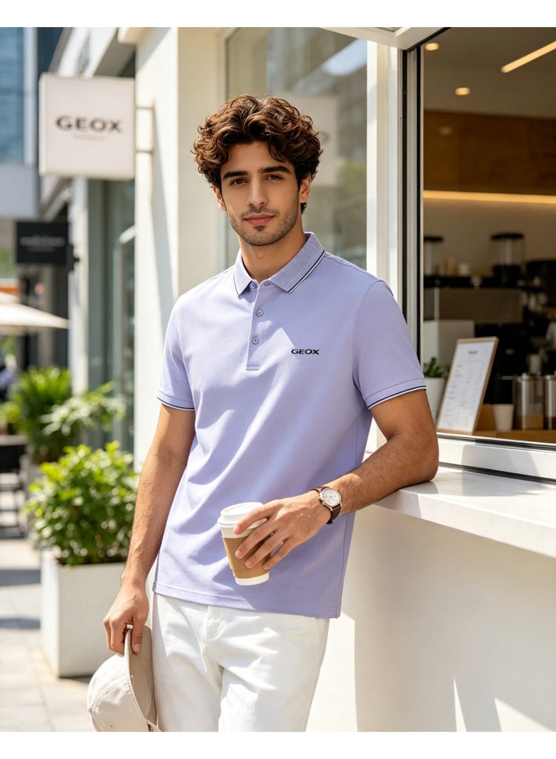 GEOX Men Classic Striped Collar Short Sleeve Polo Shirt Daily Business Casual Wear Lavender Purple - Image 5