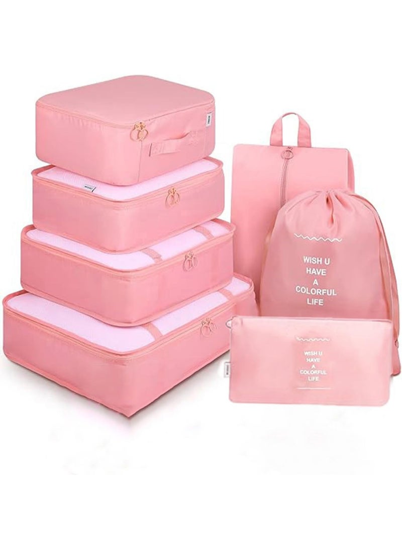 منظم شنط السفر 7 في 1 – مكعبات تنظيم الأمتعة – Packing Cubes مقاومة للماء – شنط تنظيم الملابس والأحذية ومستحضرات التجميل للسفر والرحلات (وردي) - Image 5