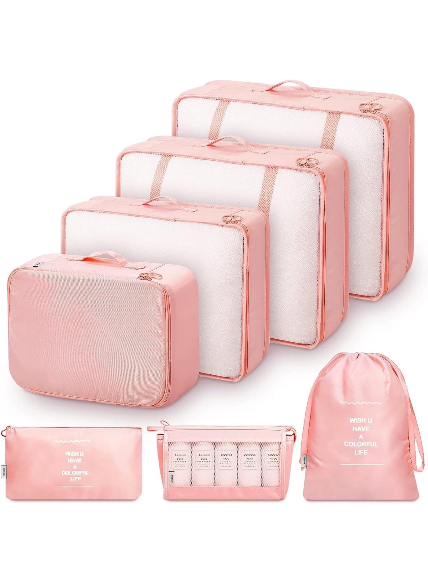 7 in 1 Travel Bag Organizer - Luggage Organization Cubes - Waterproof Packing Cubes - Clothes, Shoes and Cosmetics Organizer Bags for Travel and Trips (Pink)