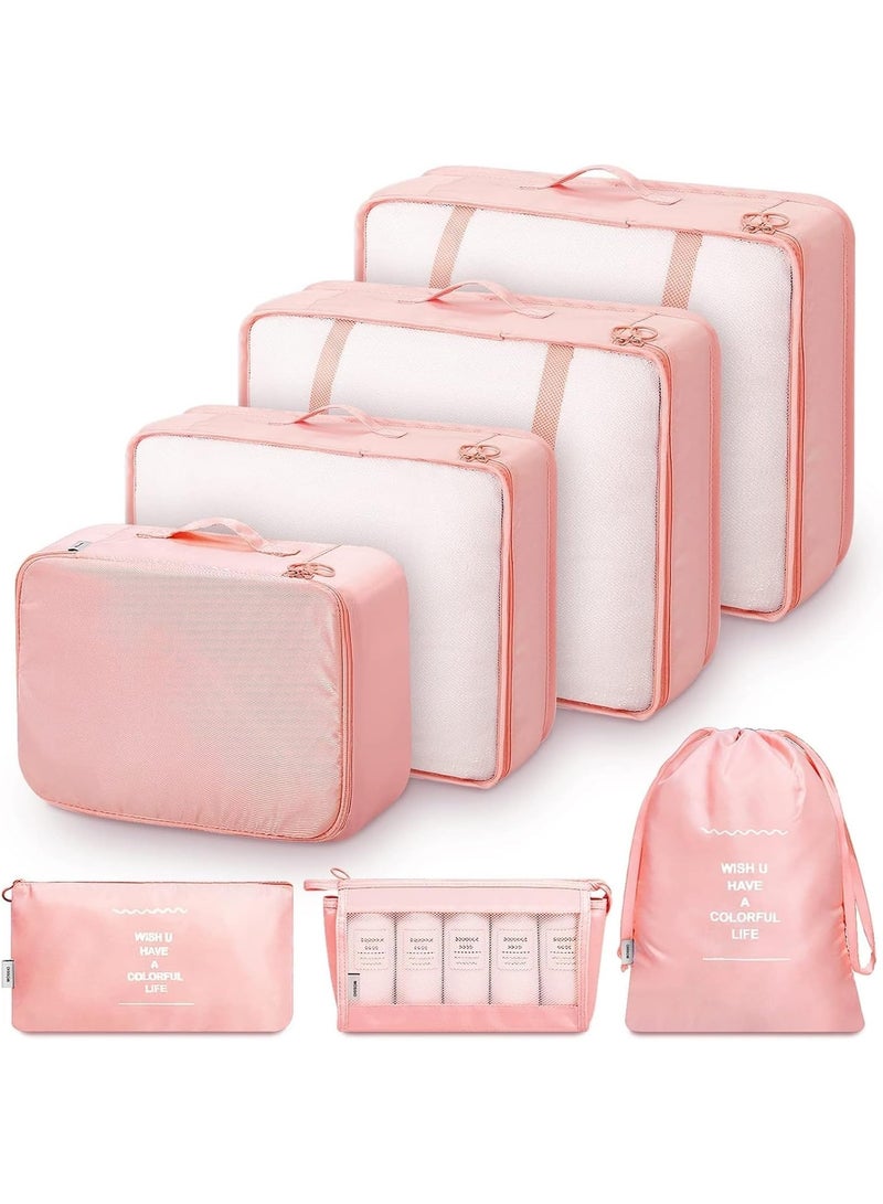 منظم شنط السفر 7 في 1 – مكعبات تنظيم الأمتعة – Packing Cubes مقاومة للماء – شنط تنظيم الملابس والأحذية ومستحضرات التجميل للسفر والرحلات (وردي) - Image 1