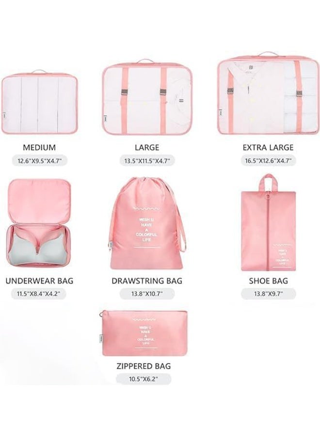 منظم شنط السفر 7 في 1 – مكعبات تنظيم الأمتعة – Packing Cubes مقاومة للماء – شنط تنظيم الملابس والأحذية ومستحضرات التجميل للسفر والرحلات (وردي) - Image 2