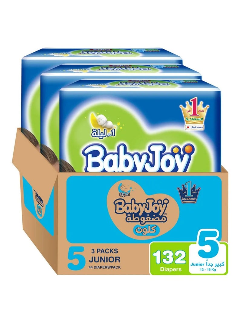 BabyJoy Compressed Culotte Pant Style Diapers, 132 Pieces, Size 5 Junior, 12-18kg, 12 Hours Leakproof Protection, Soft Cotton Touch, Wide Barriers