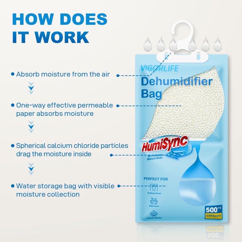VigorLife Moisture Absorbers 10 Pack, 9.8 Oz Hanging Closet Dehumidifier Bags, Portable Humidity Absorber in Wardrobes, Bathrooms, Closet, Bedrooms, Attract and Trap Excess Moisture, Desiccant (Blue) - Image 5