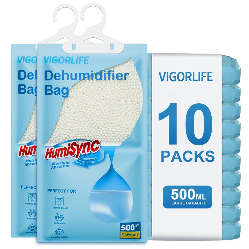 VigorLife Moisture Absorbers 10 Pack, 9.8 Oz Hanging Closet Dehumidifier Bags, Portable Humidity Absorber in Wardrobes, Bathrooms, Closet, Bedrooms, Attract and Trap Excess Moisture, Desiccant (Blue) - Image 1