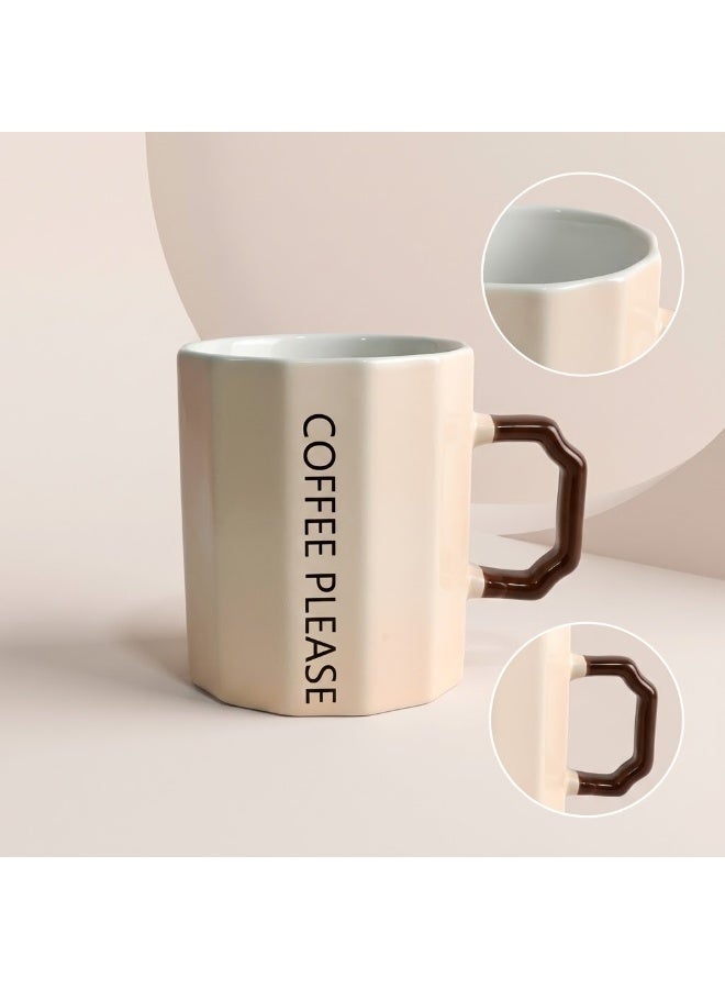 بريق.هومز مج قهوة بورسلين بيد هندسية بنية وطبعة COFFEE PLEASE، سعة 350 مل، مناسب للميكروويف وغسالة الأطباق، كريمي وبني - Image 3