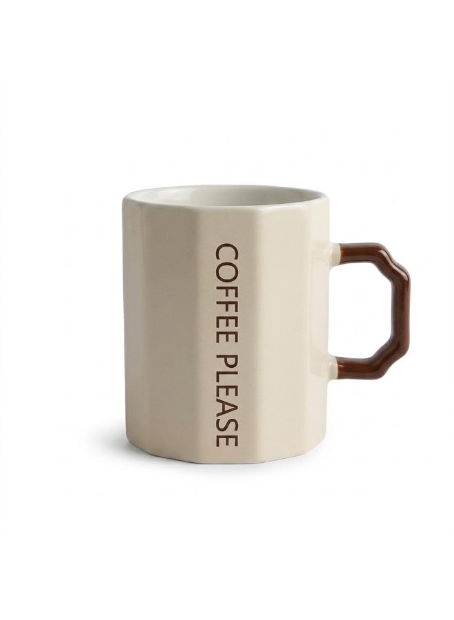 بريق.هومز مج قهوة بورسلين بيد هندسية بنية وطبعة COFFEE PLEASE، سعة 350 مل، مناسب للميكروويف وغسالة الأطباق، كريمي وبني - Image 1