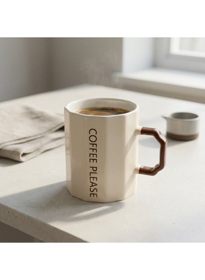 بريق.هومز مج قهوة بورسلين بيد هندسية بنية وطبعة COFFEE PLEASE، سعة 350 مل، مناسب للميكروويف وغسالة الأطباق، كريمي وبني - Image 2