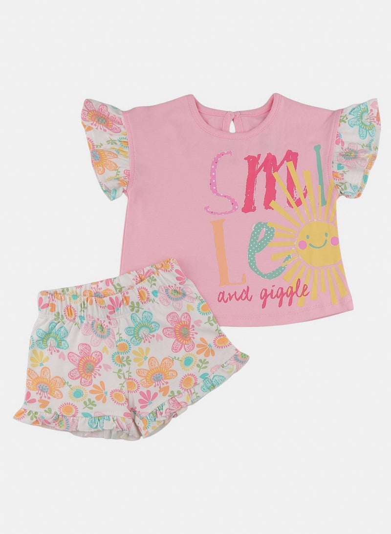 Girls Pink Smile Printed Pyjama Set