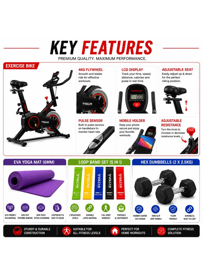 Volcan Fitness Exercise Bike Home Gym Combo with 6mm EVA Yoga Mat, 5-in-1 Resistance Loop Band Set & 2 x 2.5kg Hex Dumbbells, LCD Display, Adjustable Seat - Image 4