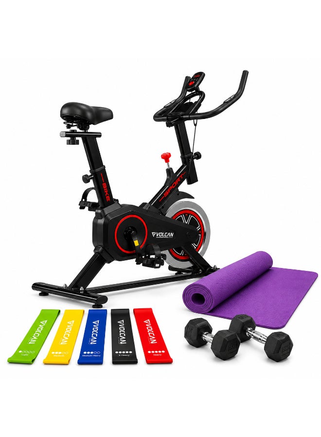 Volcan Fitness Exercise Bike Home Gym Combo with 6mm EVA Yoga Mat, 5-in-1 Resistance Loop Band Set & 2 x 2.5kg Hex Dumbbells, LCD Display, Adjustable Seat - Image 1