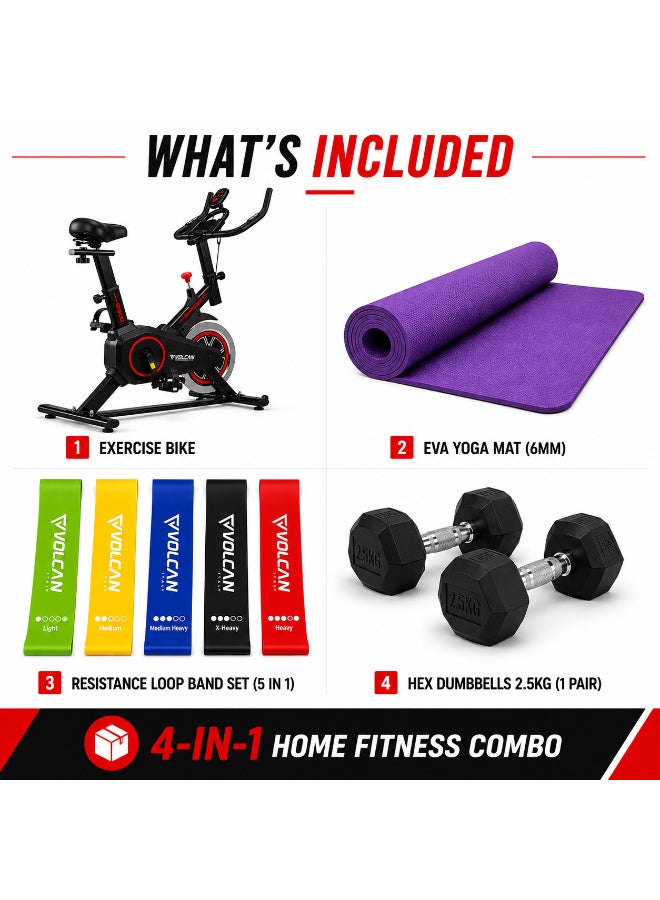 Volcan Fitness Exercise Bike Home Gym Combo with 6mm EVA Yoga Mat, 5-in-1 Resistance Loop Band Set & 2 x 2.5kg Hex Dumbbells, LCD Display, Adjustable Seat - Image 2