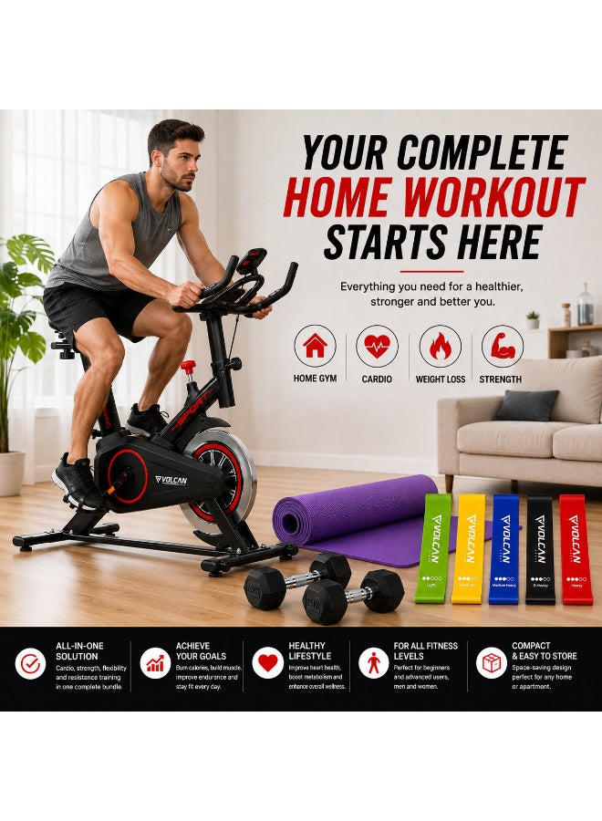 Volcan Fitness Exercise Bike Home Gym Combo with 6mm EVA Yoga Mat, 5-in-1 Resistance Loop Band Set & 2 x 2.5kg Hex Dumbbells, LCD Display, Adjustable Seat - Image 5