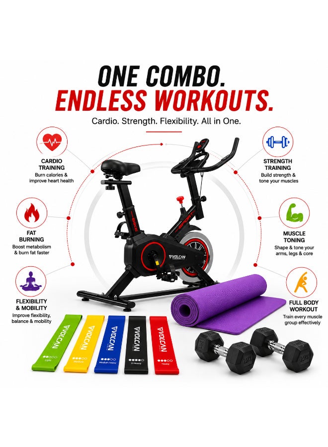 Volcan Fitness Exercise Bike Home Gym Combo with 6mm EVA Yoga Mat, 5-in-1 Resistance Loop Band Set & 2 x 2.5kg Hex Dumbbells, LCD Display, Adjustable Seat - Image 3