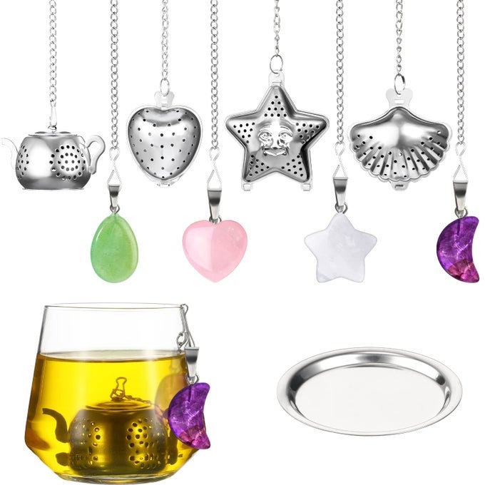 4 SETS LOOSE TEA INFUSERS STAINLESS STEEL TEABALLS CUTE TEA STRAINERS STEEPER FILTERS WITH CRYSTAL STONE PENDANTS AND DRIP TRAY TEACUPS ACCESSORIESCUTE STYLE
