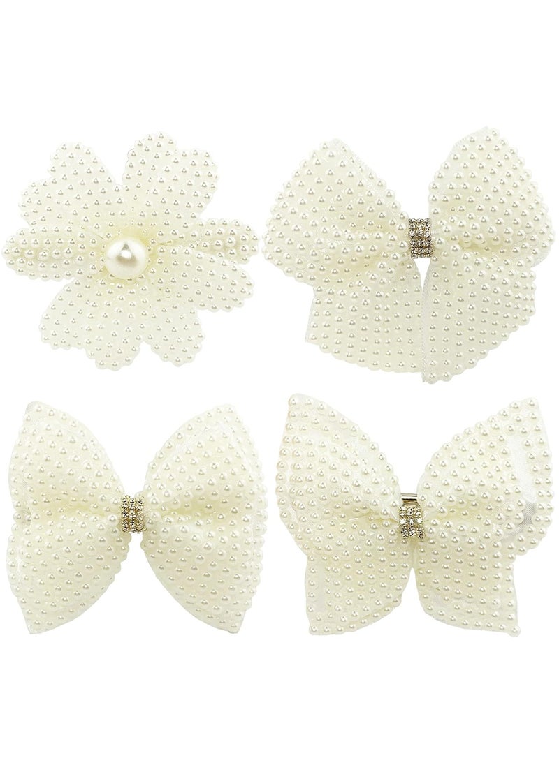 BETITETO Pearls White Hair Bows for Girls 4 Pieces Elegant Flower Rhinestone Alligator Hair Clips Beads Hairgrip for Women Teens 