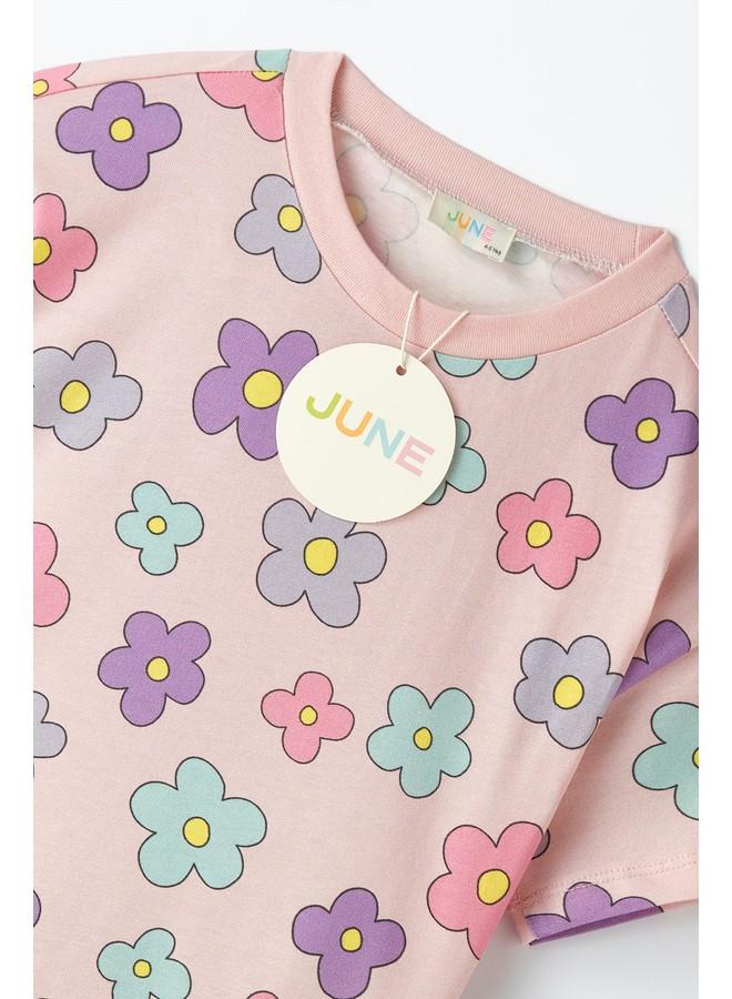 جون طقم تي شيرت قصير بطبعة فتاة يونيو وردي - Image 4