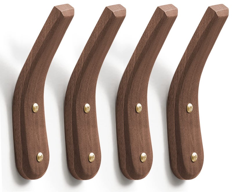 COCOYA 4Pack Wood Hooks Wall Mounted Minimalist Easy Install Natural Real Walnut Cute Mid Century Modern Simple Rustic Boho Home Foyer Entryway Decor for Hanging Hat Cap Bag Coat Towel Clothes
