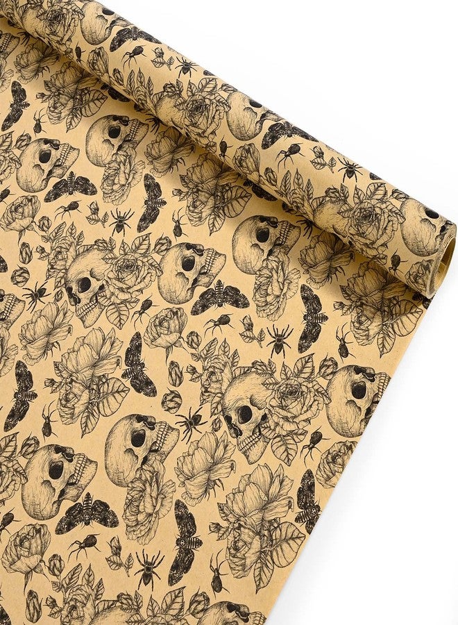 Bolsome Kraft Skull Wrapping Paper Goth Rose Skull Patterned Gift Wrap Paper Roll for Halloween Party Baby Shower Birthday Party Packaging Supplies, 17 Inches × 33Ft - Image 1